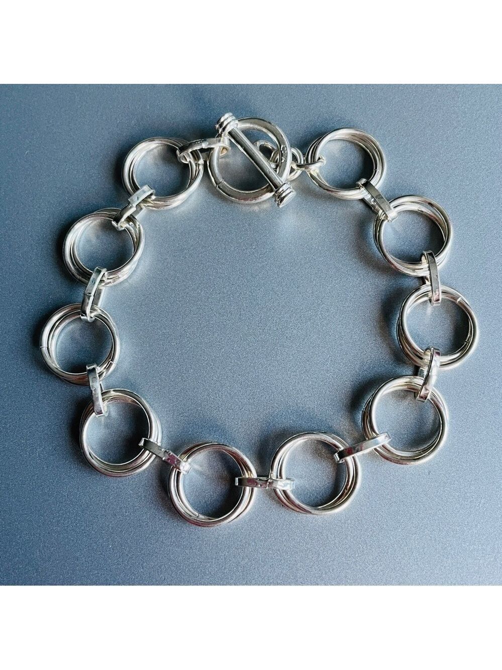 Vintage Rolo Link Double Circles Modernist Toggle Sterling Silver Bracel…